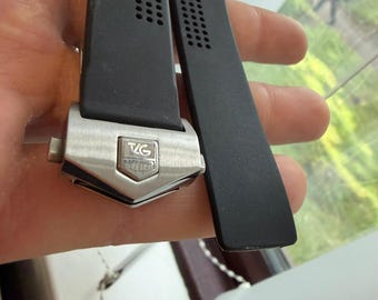 20mm 22mm 24mm Tag Heuer Black Rubber Watch Strap With Stainless Steel Deployment Clasp