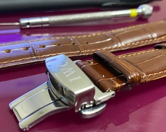 18/19/20 mm IWC Braun Lederarmband mit Edelstahl Druckknopf Faltschließe