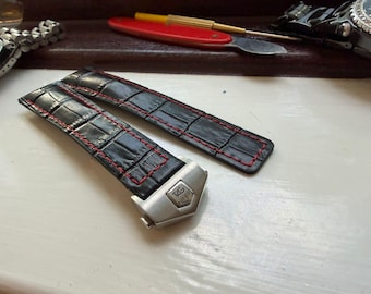 Tag Heuer Schwarz Lederarmband mit roter Naht, Faltschließe 20 mm/22 mm