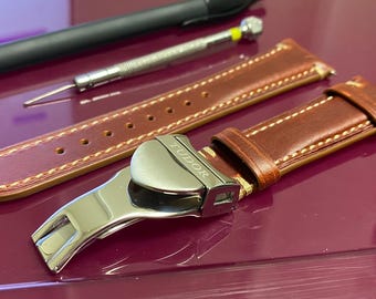 Tudor 20mm/22mm Brown/Red Men’s Wrist Watch Strap With Stainless Steel Deployment Buckle Clasp Solid