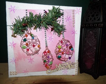 Luxury 8x8 inch hand made boxed Christmas card. Baubles on tree branch.
