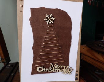 Hand Made A5 Sized Hand Stitched Leather Christmas card
