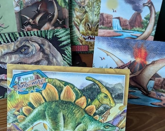 Set Of 6 x A6 Dinosaur cards / Notelets. Blank inside. Hand Made.