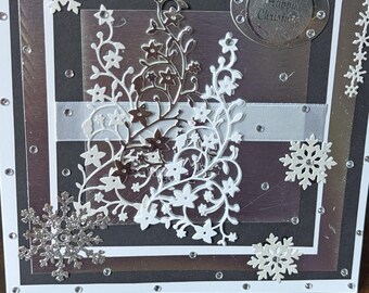 Hand Made 8x8 Inch Christmas Card. Black, White And Silver. Free Personalisation.