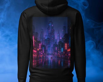 Sudadera Cyberpunk / Estampado futurista de ciudad neón en la espalda
