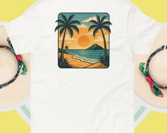Tropical Sunset Beach T-Shirt, Vintage Palm Tree Graphic