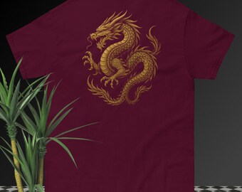 ゴールデンドラゴンTシャツ | アジアのドラゴンアートTシャツ | 力強い神話的ストリートウェア | ユニセックスオーバーサイズグラフィックシャツ