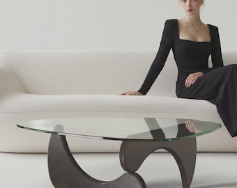 Op Bauhaus geïnspireerde salontafel – beukenhout en glas, handgemaakt