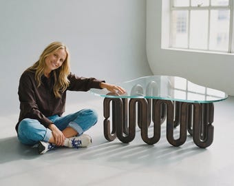 Noguchi Style Sculptural Coffee Table | Japandi Organic Wood and Glass Centerpiece