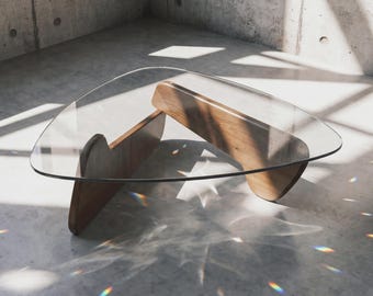 Abstract Mid-Century Vintage Coffee Table, Bauhaus Lines, Retro Wooden Design with Clear Glass