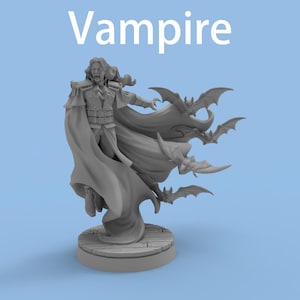 May include: A grey figurine of a vampire with long hair, a cape, and bats. The word "Vampire" is written in white at the top. The vampire is standing on a round wooden base.