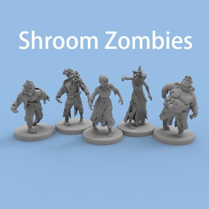 Puede incluir: Un conjunto de cinco figuras de zombis en miniatura grises, cada una sobre una base circular. Las figuras varían en diseño, con detalles como ropa rasgada y crecimientos en forma de hongo. El texto "Shroom Zombies" se muestra en blanco arriba.