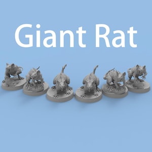 Może przedstawiać: Sześć szarych miniaturowych figurek gigantycznych szczurów na jasnoniebieskim tle. Każdy szczur jest wyrzeźbiony w innej pozie, zamontowany na okrągłej podstawie. Tekst "Giant Rat" jest wyświetlany dużymi białymi literami nad figurkami.
