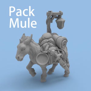 Puede incluir: Figura de mula de carga gris impresa en 3D con el texto "Pack Mule" en blanco. La mula lleva una linterna, ropa de cama enrollada y varios suministros. El fondo es de color azul claro liso.