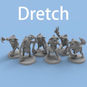 May include: A set of six grey miniature monster figurines, each standing on a circular base, with the word Dretch printed in large white letters above them. The creatures feature sharp teeth, pointed ears, and clawed hands in various poses.
