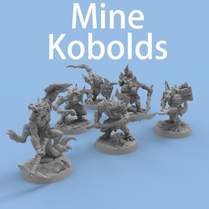 May include: A collection of gray miniature Kobold figures, each in a dynamic pose, wielding weapons and shields. The figures are set against a light blue background, with the text "Mine Kobolds" in white at the top.