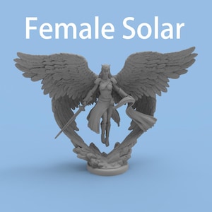 May include: A gray resin miniature figurine of a winged humanoid figure with the text Female Solar above it. The figure features large feathered wings, a sword held in the right hand, and a flowing cloth held in the left hand, standing on a base.