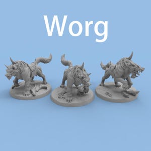 May include: Three gray Worg figurines on a light blue background. Each figurine is a snarling wolf-like creature with horns, a saddle, and a long tail. The word "Worg" is written in white block letters above the figurines.