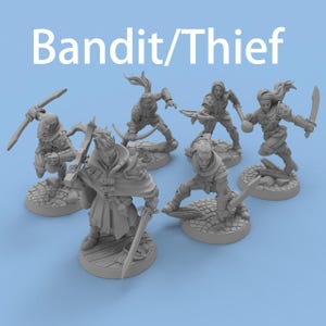 Puede incluir: Un conjunto de figuras en miniatura grises que representan bandidos y ladrones. Cada figura está armada con espadas, dagas y ballestas. El texto "Bandit/Thief" se muestra en blanco en la parte superior de la imagen.