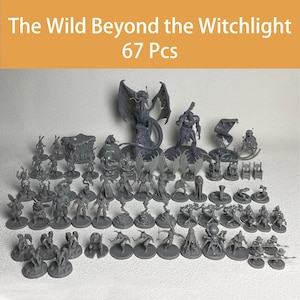 May include: A collection of 67 gray miniature figures titled The Wild Beyond the Witchlight. The set includes various fantasy creatures, humanoid characters, and monsters, all cast in a monochromatic gray resin material, displayed on circular bases.