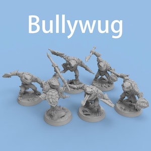 May include: A group of grey Bullywug miniatures, each posed with weapons and shields. The figures are on round bases, set against a light blue background. The word "Bullywug" is displayed in white text at the top.