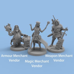 May include: Three gray miniature fantasy merchant figurines: Armour Merchant, Magic Merchant, and Weapon Merchant. The Armour Merchant holds a helmet, the Magic Merchant a staff, and the Weapon Merchant a sword. Text at the bottom identifies each merchant.