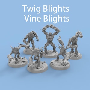 May include: Six grey miniature figures of humanoid tree-like creatures on circular bases. The figures have detailed bark-like textures and are in various poses. The text "Twig Blights Vine Blights" is displayed in white at the top of the image.
