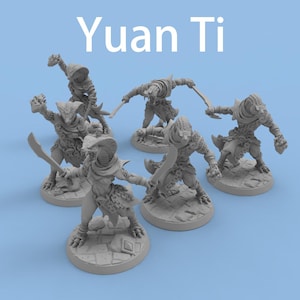 以下が含まれることがあります： 武器を持ったポーズのグレーのYuan-Tiミニチュアのコレクション。フィギュアは円形のベースにあり、上部に白い文字で「Yuan Ti」と書かれています。ミニチュアは鱗と鎧で詳細に表現されています。