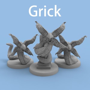 May include: Three gray fantasy creature figurines with snake-like bodies and large, wing-like appendages. The word "Grick" is displayed in white text at the top. Each figurine is on a circular base, set against a light blue background.