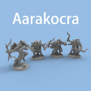 May include: Four gray Aarakocra miniatures are displayed against a light blue background. The miniatures are in various action poses, some holding bows and others with swords. The word "Aarakocra" is written in white across the top of the image.