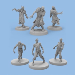 May include: A collection of six gray miniature zombie figures, each posed differently on a circular base. The figures are detailed with tattered clothing and exposed flesh, perfect for tabletop gaming or display.