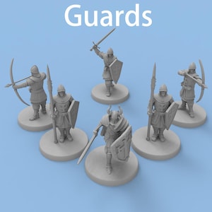 Puede incluir: Colección de figuras de guardias grises en miniatura, cada una posando con armas como espadas, lanzas y arcos. Las figuras están sobre bases circulares sobre un fondo azul claro. La palabra "Guards" se muestra en texto blanco en la parte superior.