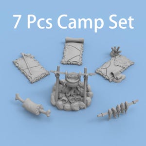 7 delar lägereldstartset sängrulle DND miniatyr övermålningsbara 3D-utskrivna modeller för TRPG bordsspelstillbehör
