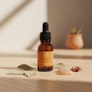 Peut inclure: Une bouteille en verre brun avec un bouchon compte-gouttes noir, &eacute;tiquet&eacute;e "Desert Ritual Sacred Serum". L'&eacute;tiquette pr&eacute;sente un paysage d&eacute;sertique. La bouteille est entour&eacute;e de feuilles, de pierres de quartz rose et d'une petite fleur cuivr&eacute;e sur une surface en bois.