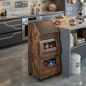 May include: A rustic wooden kitchen storage cart with two wire-fronted drawers and a top compartment. The cart is on wheels and appears to be holding onions and canned goods. The wood has a distressed finish, and the cart is in a modern kitchen setting.