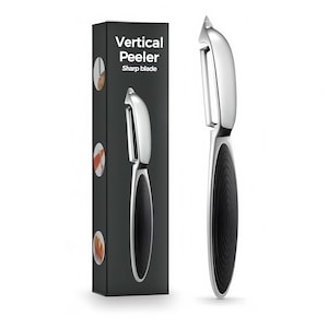 May include: A vertical peeler with a sharp blade, presented next to its black packaging. The peeler has a silver blade and a black, textured handle. The packaging features the text "Vertical Peeler" and illustrations of peeled produce.