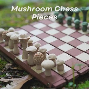 May include: A unique chess set featuring mushroom-shaped pieces on a red and white checkered board. The text "Mushroom Chess Pieces" is displayed above the board. The pieces are in various shapes and sizes, with a natural, earthy aesthetic.