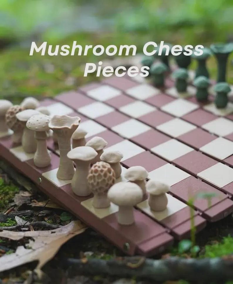 May include: A unique chess set featuring mushroom-shaped pieces on a red and white checkered board. The text "Mushroom Chess Pieces" is displayed above the board. The pieces are in various shapes and sizes, with a natural, earthy aesthetic.