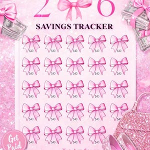 May include: Pink savings tracker titled "Baddies on a Budget" with a bow design. The tracker has 26 spaces, each representing $40, totaling $1000. The image includes a purse, high heels, and cash.