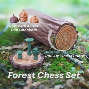 May include: A forest-themed chess set with a roll-up board and acorn cap checkers. The set includes mushroom-shaped chess pieces and a log-shaped board. The text "Forest Chess Set" and "Roll-Up Chess Board" are visible.