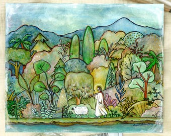 Giclee Art Print: "Walk with Me" Jesus Christ Mixed Media Watercolor- Christian Home Decor