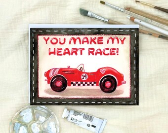 Digital Download: Valentine Card Race Car Watercolor for Kids, Friends- "You make my heart race"