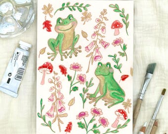 Giclee Art Print: Frogs with Mushrooms and Flower Illustration - Watercolor
