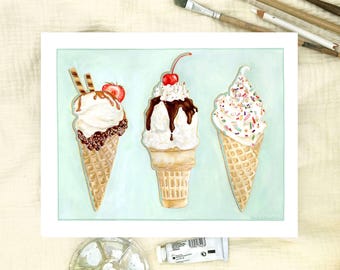 Fine Art Print: Retro ijshoorntjes, voedselaquarel woondecoratie van Cute Color Studio Shop