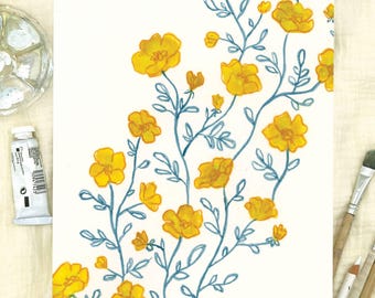 Wydruk artystyczny: Żółta akwarela z kwiatowym motywem – botaniczna dekoracja ścienna, ręcznie malowane kwiaty polne, minimalistyczny akcent w domu
