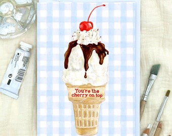 Greeting Card: Cherry on Top Watercolor, Versatile Love & Appreciation for Valentines, Anniversary, + Friend