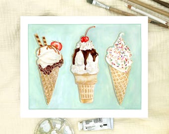 Giclee Art Print: Retro Ice Cream Cones, Food Watercolor Illustration