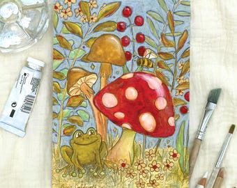 Giclee Art Print: Forest Frog Art Illustration - Vibrant Mushroom with Bee & Nature - Watercolor Home Decor