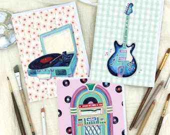 Kartki okolicznościowe: Ilustracje muzyki retro – gitara elektryczna, szafa grająca i gramofon (pusta kartka)