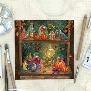Lámina artística: Estantería de boticario encantada de otoño/Halloween - Botellas de pociones y calabazas otoñales caprichosas (Acuarela)
